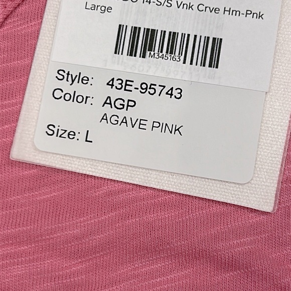 Mododoc Agave Pink Relaxed Fit Curve Hem Short Sleeve V-Neck Cotton Burnout Tee - Picture 5 of 5